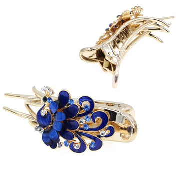 Red Enamel Peacock Hinged Hair Fork Claw Barrette with Rhinestones